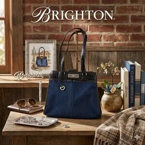 Brighton "Lindsey" Denim & Croc-Embossed Leather Shoulder Bag